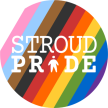 A rainbow circle with the words Stroud Pride written inside.